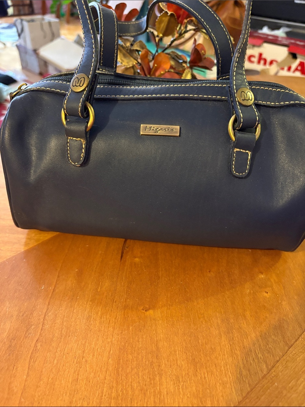 Navy Leather Satchel with Dual Top Handles